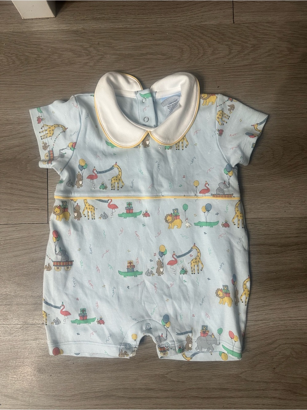 bella bliss Light Blue Baby Shortall with Circus Print and Yellow Trim 12 m